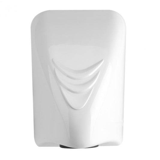 White automatic hand dryer with curved housing and front air outlet vent