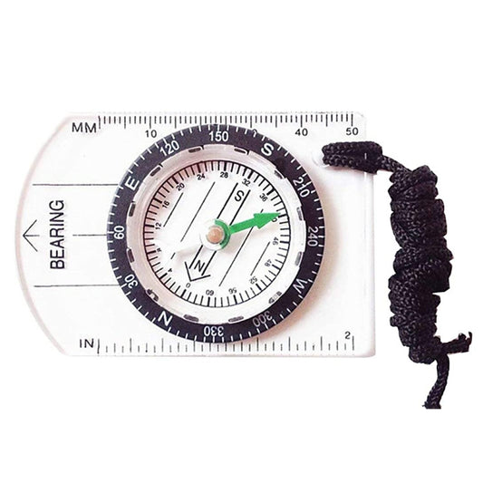 Mini transparent compass with green needle, black outer ring and braided lanyard cord