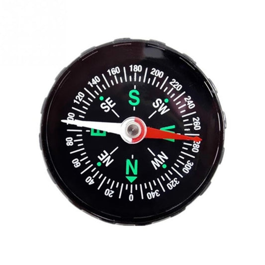 Black mini compass with colored N/S/E/W markings and red needle, 45mm round face