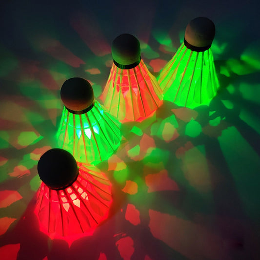LED shuttlecock with red, green, and orange glowing feathers and black head