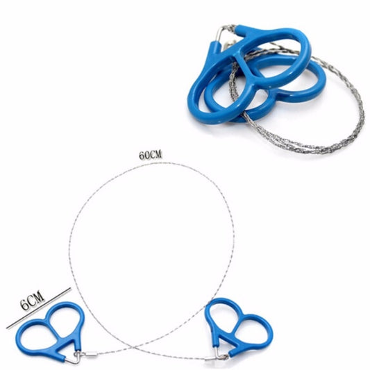Folded wire saw kit with two blue plastic handles and braided metal cutting cord