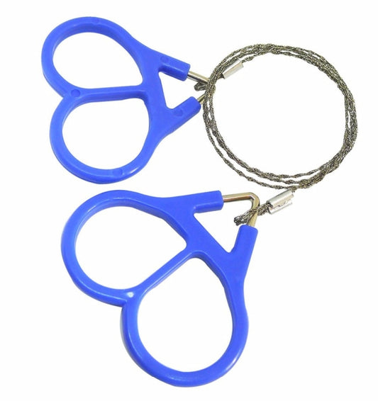 Blue plastic hand saw with braided metal wire loop and two finger-ring handles