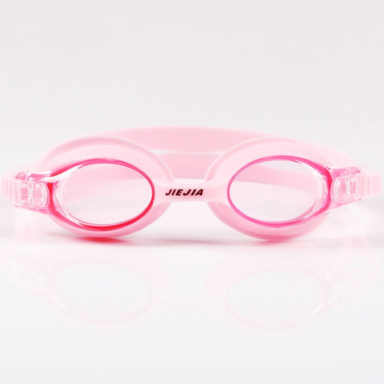 Children's light pink silicone swimming goggles with clear lenses and adjustable strap