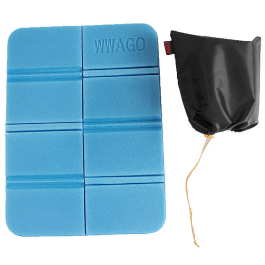 Blue folding camping mat with black storage pouch and drawstring cord