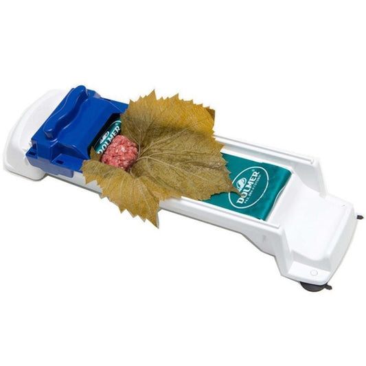 Vegetable sushi roll maker tool with blue press, leaf sheets, and fillings on tray