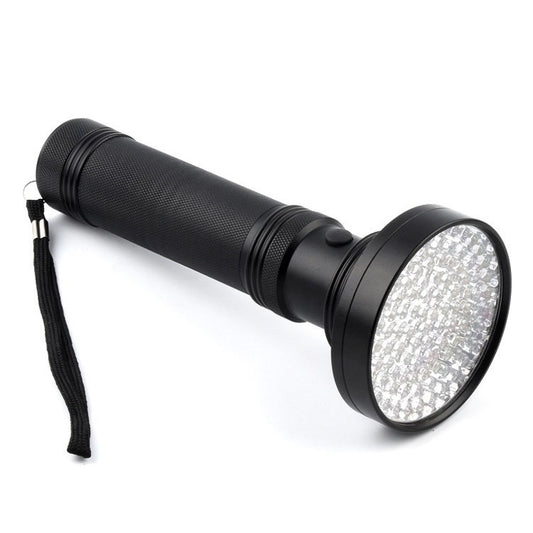 Black flashlight with wide reflector head and carrying wrist strap