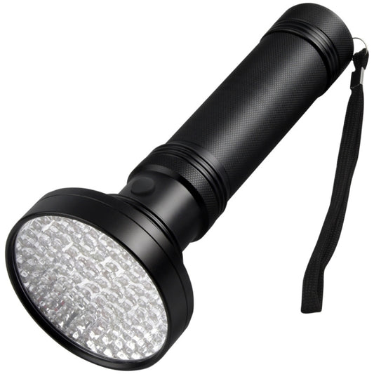 Black handheld LED flashlight with textured grip and wrist strap