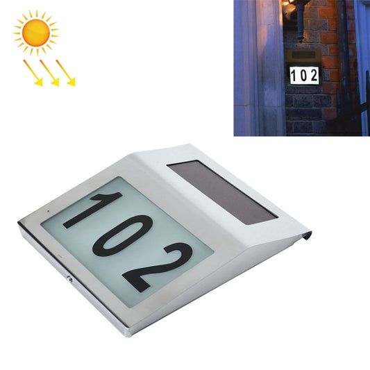 Outdoor solar house number wall light with white “102” display and stainless frame