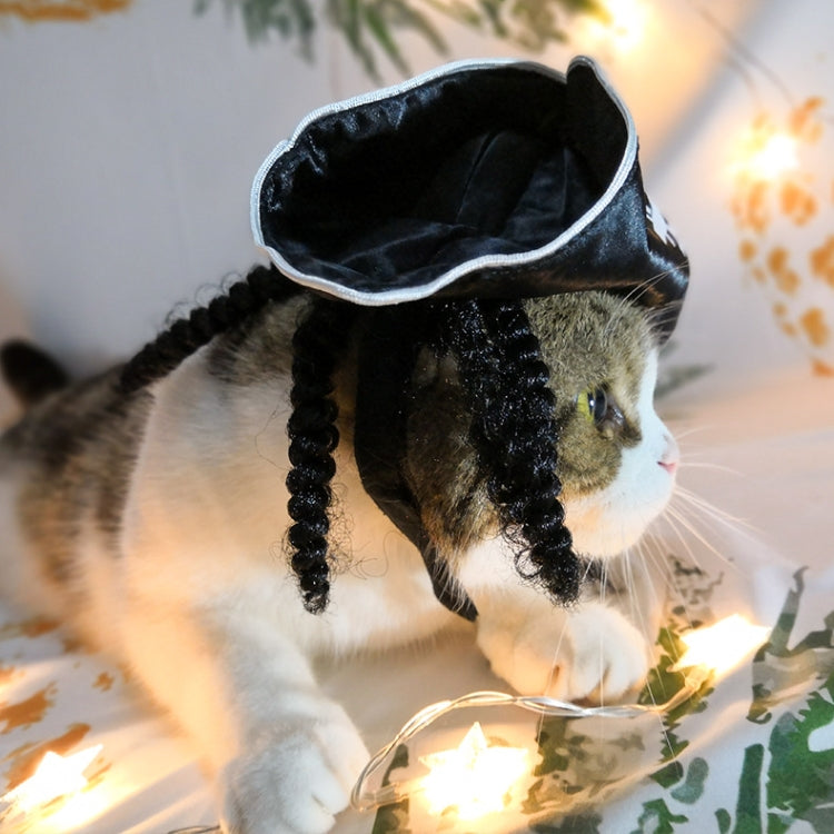 Cat wearing pirate hat for pets, black with white trim and braided hanging tassels