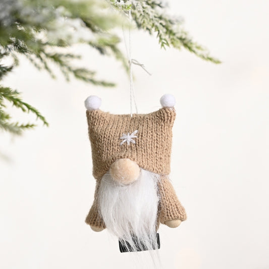 Tan knit gnome ornament with double ball cap, white beard, hanging loop