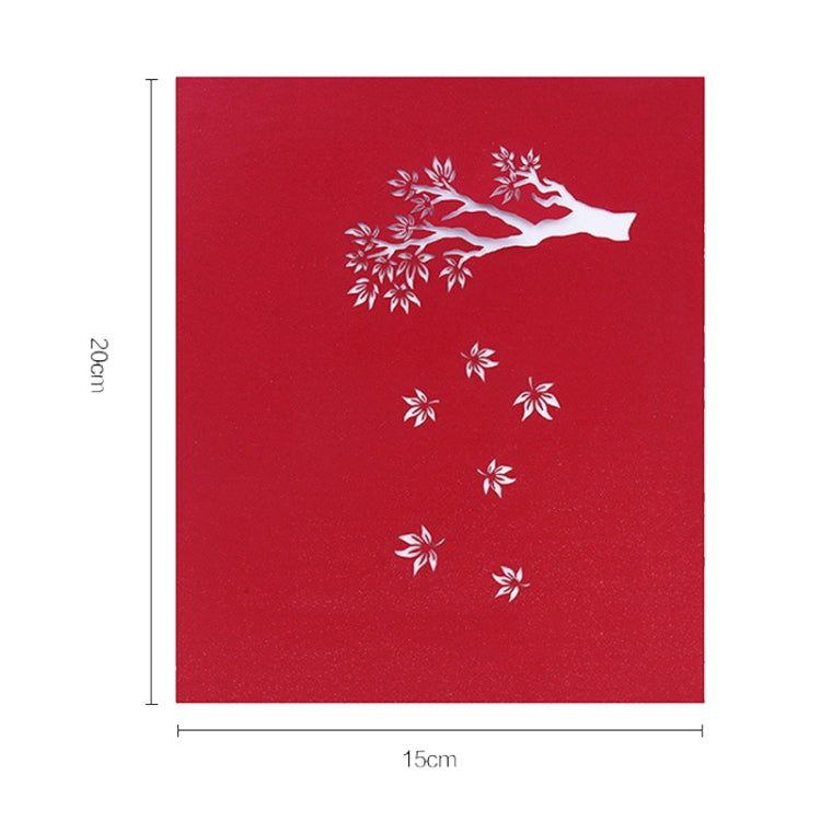 Red greeting card front with white maple tree and flying bird silhouette