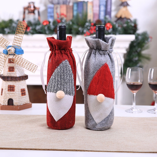 Red and grey felt wine bottle bags with embroidered Santa hat and white beard, drawstrings