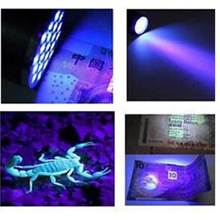 Mini UV flashlight casting purple/blue UV light on multiple surfaces