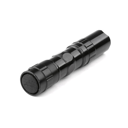 Black compact flashlight with front mesh grille and ridged, knurled handle rings