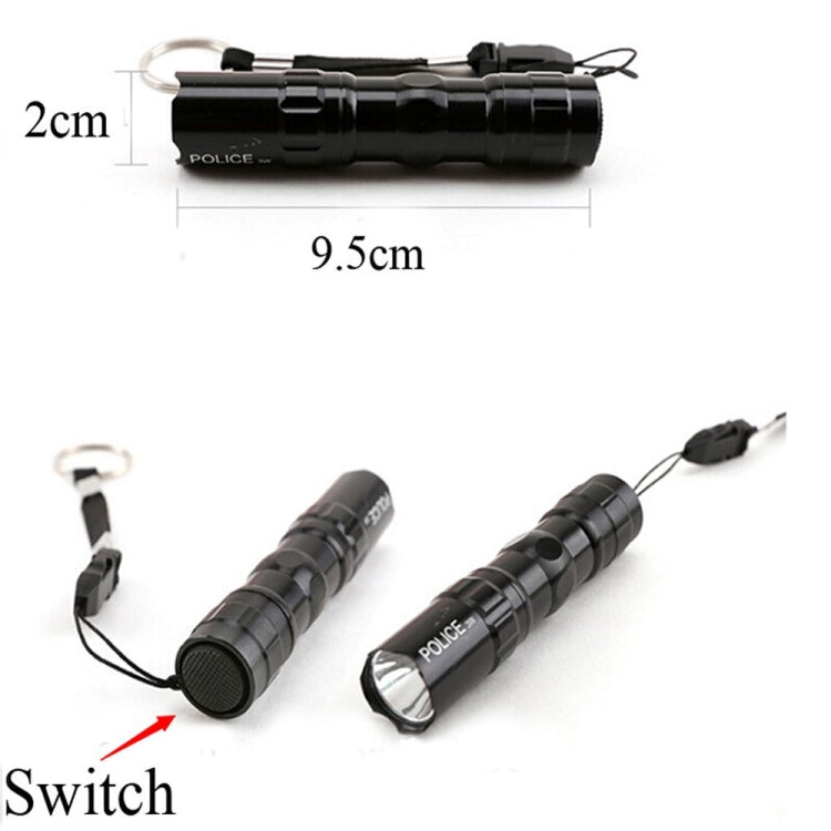 Black mini flashlight with keychain lanyard, shown size measurements and switch