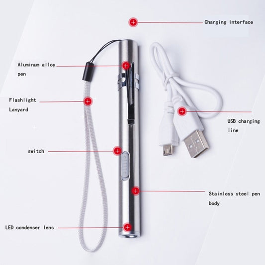 Aluminum pen flashlight with lanyard, switch button, and USB charging line