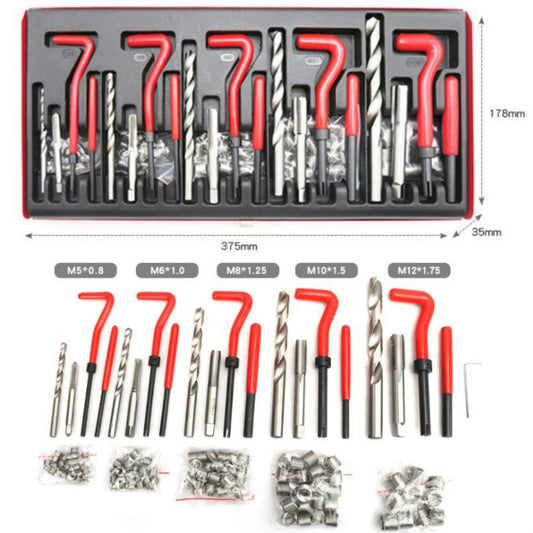 Thread repair tap kit with assorted steel taps and drill bits, red handles and sizes