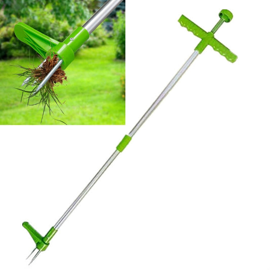 Green manual weed puller tool with three metal prongs and long silver shaft
