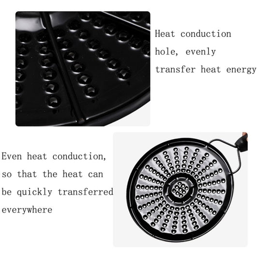 Close-up of perforated heat-conduction plate with raised channels on stovetop disc