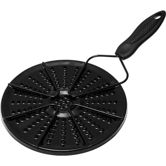 Black heat conduction stovetop plate with perforated disc and loop handle for pots