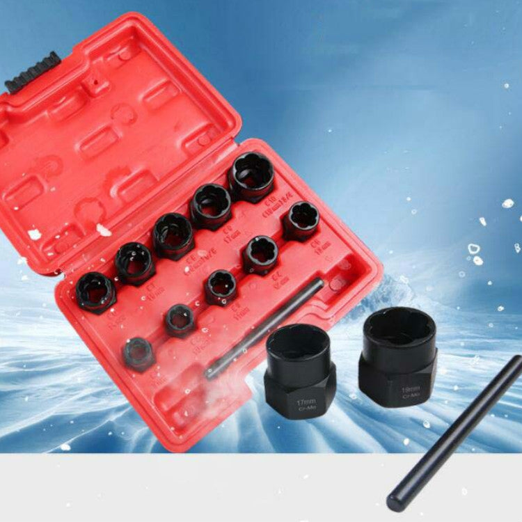 Nut extractor socket kit with red case, black sockets, and drive bar