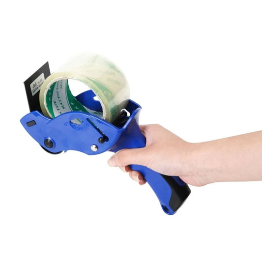 Carton sealing tape dispenser being held with clear tape roll and blue body