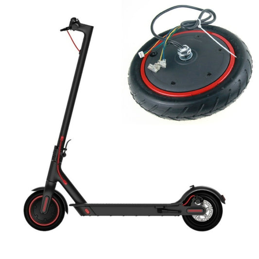 Electric scooter drive wheel motor assembly with black tire and red rim
