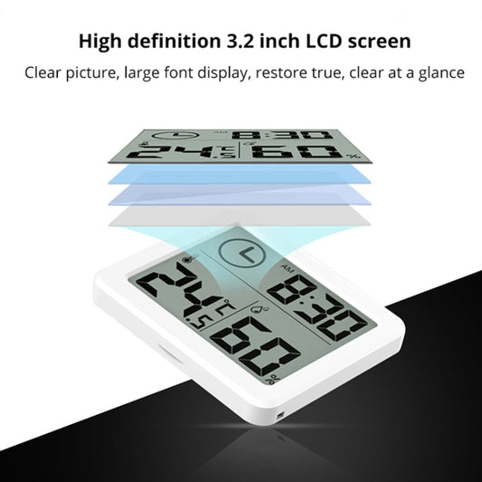 White temperature and humidity monitor clock with clear 3.2-inch LCD screen