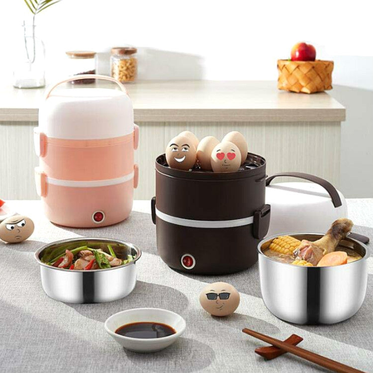 Electric lunch box cooker set with dark brown and white units, stainless bowls, and eggs
