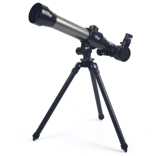 Children single-tube telescope with black and silver body on three-legged tripod
