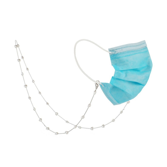 Pearl bead mask lanyard with metal clips, silver chain with faux pearl drops