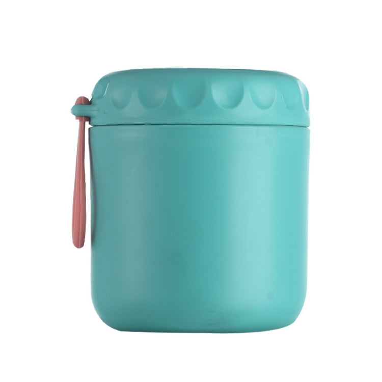 Insulated stainless steel soup cup with lid and wrist strap, teal green