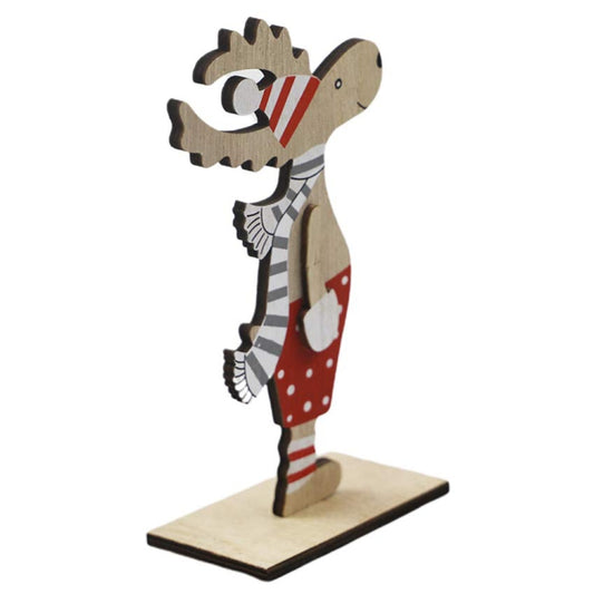Wooden painted elk ornament in striped shirt with red dotted skirt, on wooden base