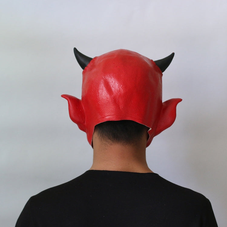 Back view red horned demon latex mask with pointed ears and raised horns