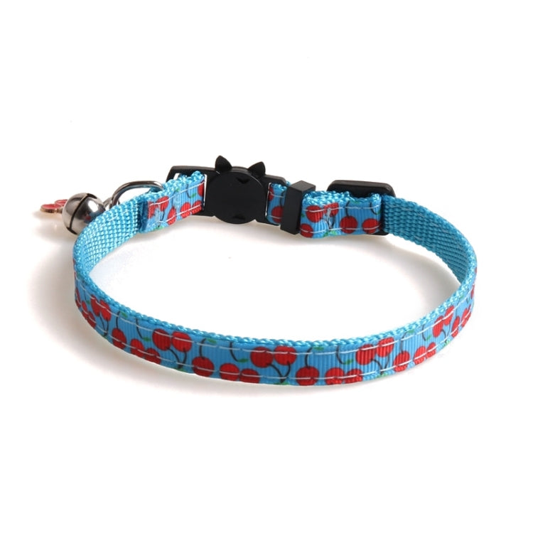 Blue cherry pattern cat collar with black buckle and small bell charm