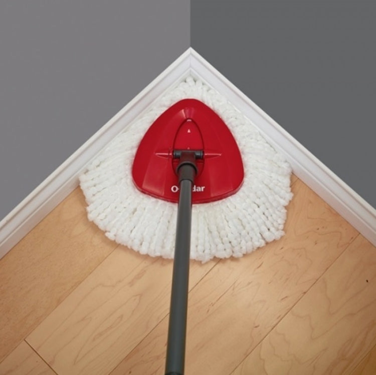 White cotton rotating triangle mop head cloth in corner with red base