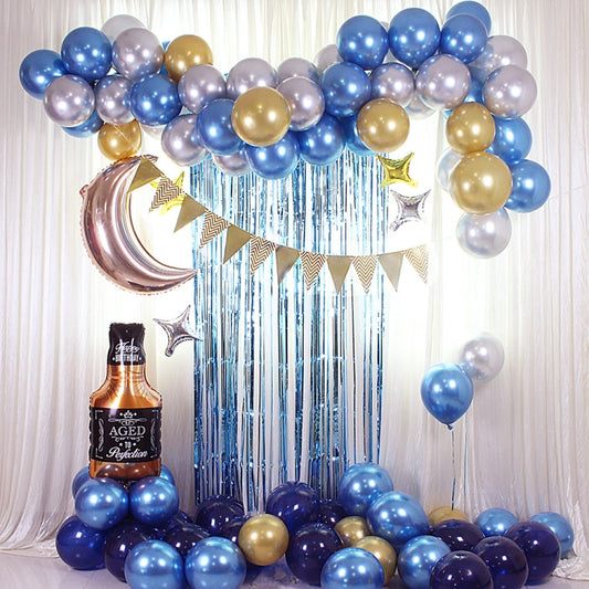 Balloon arch kit with blue, gold, silver balloons, star banner and blue fringe backdrop