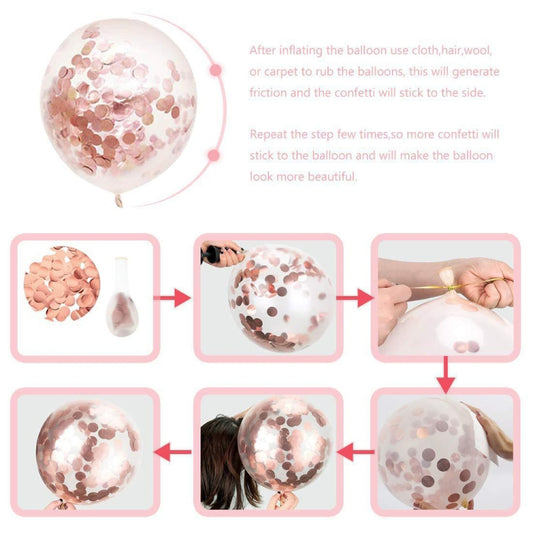 Rose gold confetti balloons with care and inflating instructions infographic