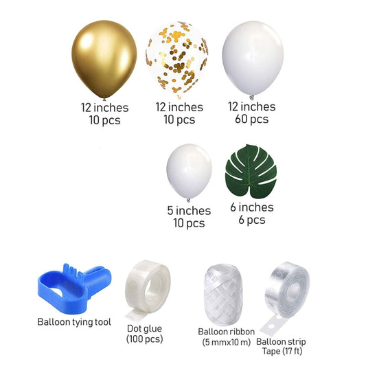 Balloon set accessories with gold, white, confetti balloons and green leaf balloons