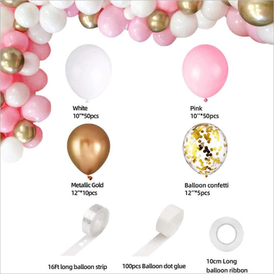Balloon kit items: white and pink balloons, metallic gold, confetti balloons, glue strip