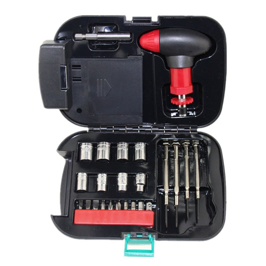 Black 24-in-1 flashlight tool set open, showing sockets, bits, and red handle