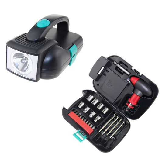 Black 24-in-1 flashlight tool set with open bit storage and red/teal accents