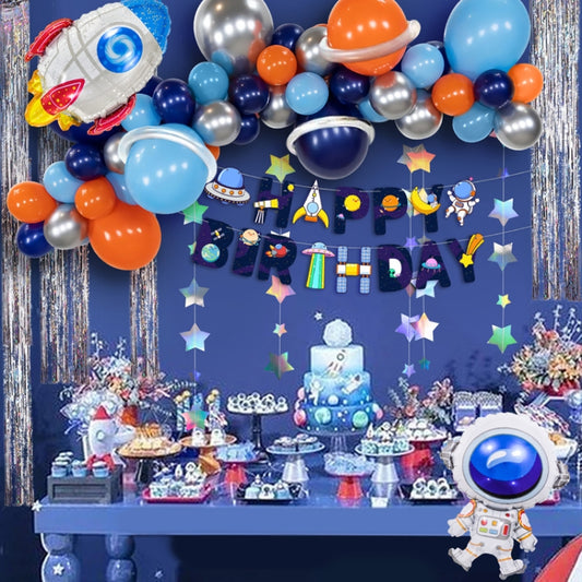 Astronaut-themed Happy Birthday balloon set with rocket, stars, and planet balloons