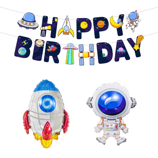 Astronaut-themed Happy Birthday banner with rocket and astronaut foil balloons