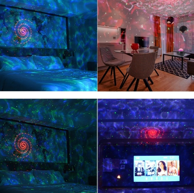 Rotating star projector light casting blue and red galaxy and water ripple patterns