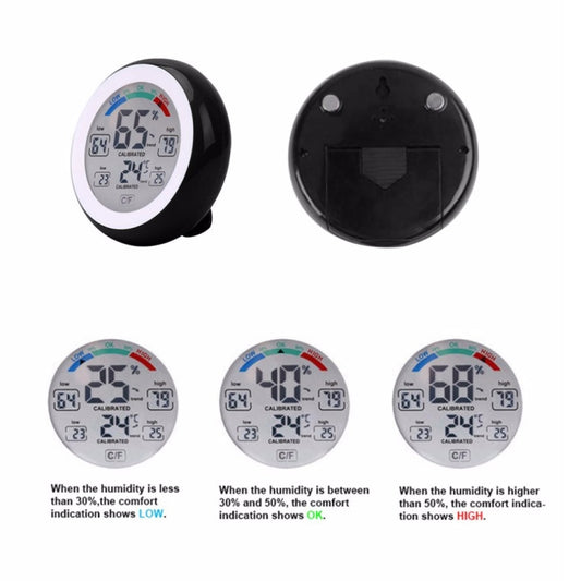 Digital temperature and humidity thermometer hygrometer front and back views with display icons