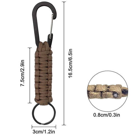 Brown braided rope carabiner key chain with metal hook and key ring