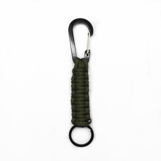 Army green rope carabiner key chain with metal hook and round key ring