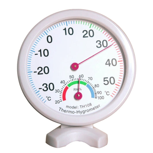 Clock-shaped indoor outdoor hygrometer with temperature dial, white base, dual pointers