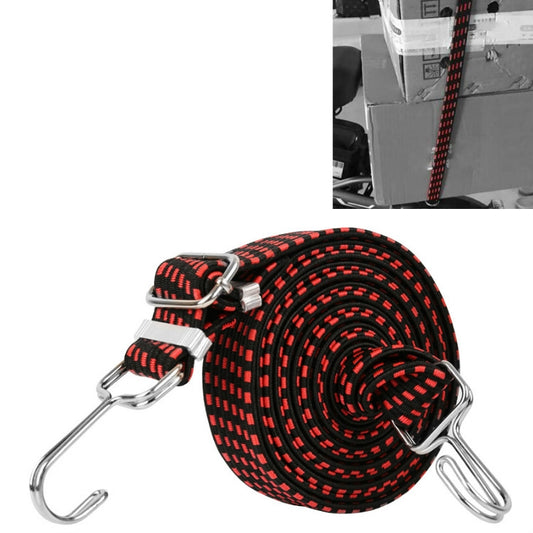 Red elastic luggage tie-down strap, rolled coiled rope with two metal S hooks